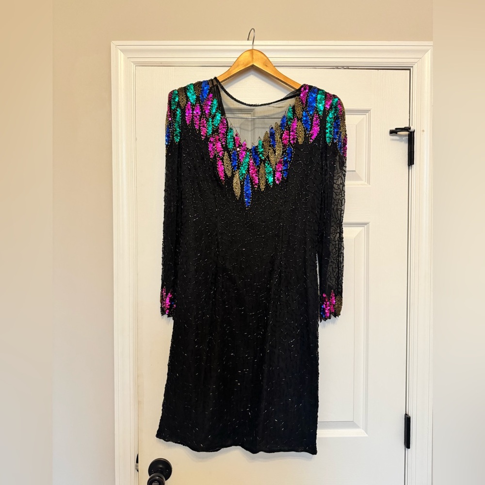 VTG Scala Size Sm  Silk Dress Black Beaded Sequin Formal Evening Long Slvs
